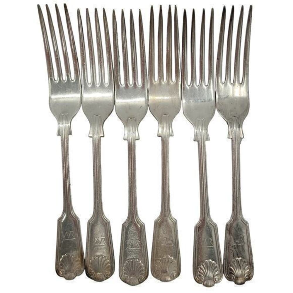 Sheffield England Antique Silver Plate Fiddle Thread and Shell 6 Dinner Fork 2-2